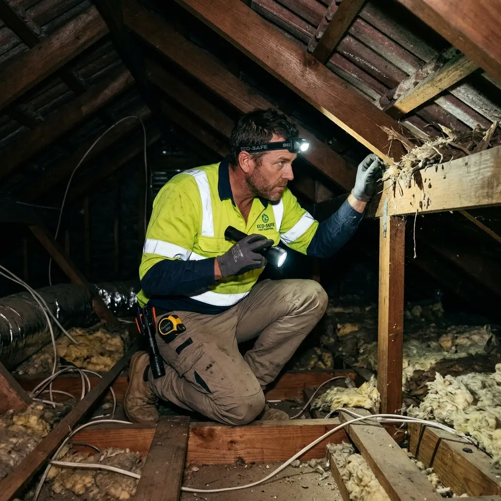 Technician inspecting a roof cavity for a dead animal in Ardeer