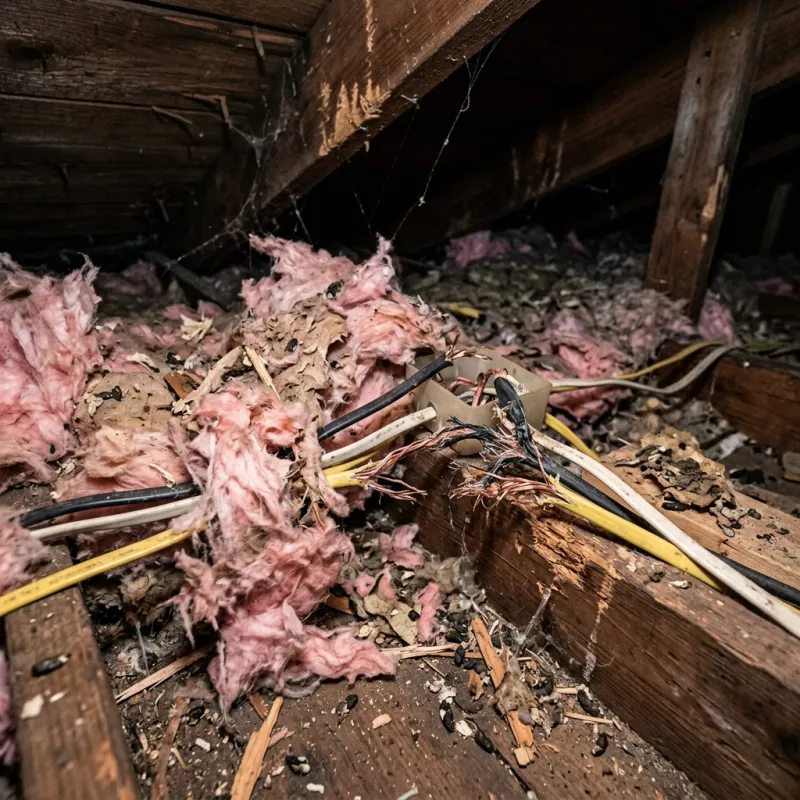 Contaminated ceiling insulation being assessed in a Ardeer roof space