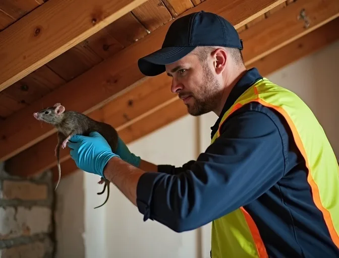 Technician inspecting a roof cavity for a dead rat in Ardeer